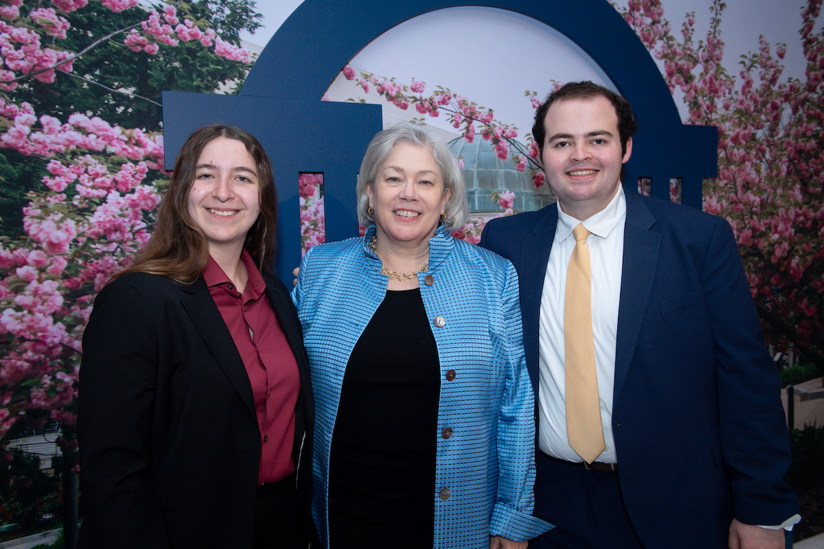 Student speakers Amy Fehr and Peyton Gallant with GW President Ellen M. Granberg at the 2025 Celebration of Scholarships and Fellowships. (Liz Lynch/GW Today)