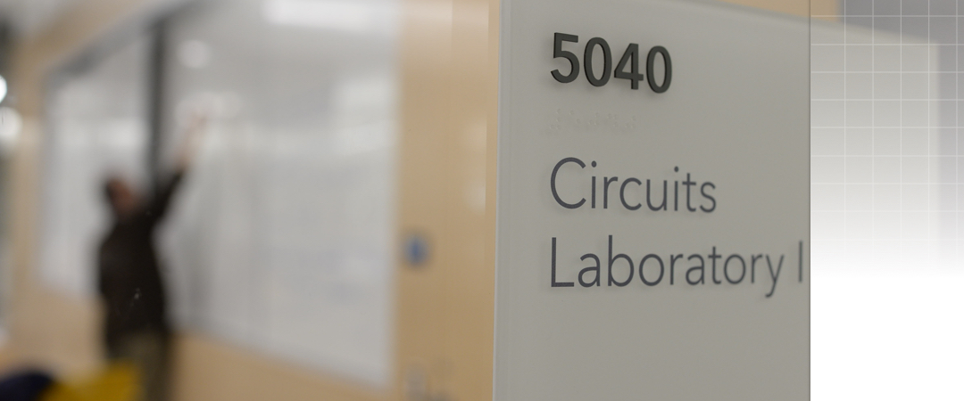 close up of sign outside of a classroom; 5040 Circuits Laboratory